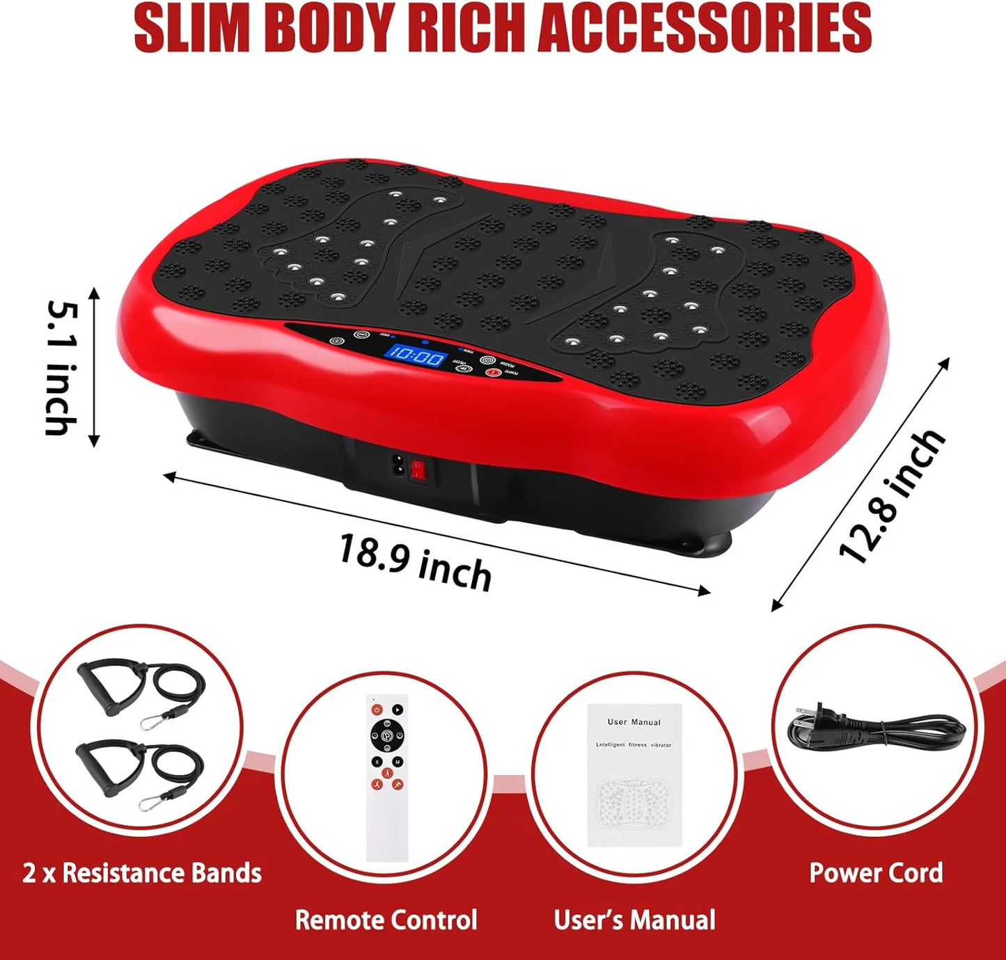 Vibration Plate Exercise Machine,Portable Vibration Plate Platform for Weight Loss Home Fitness, Lymphatic Drainage, W/Resistance Bands+Remote,Red
