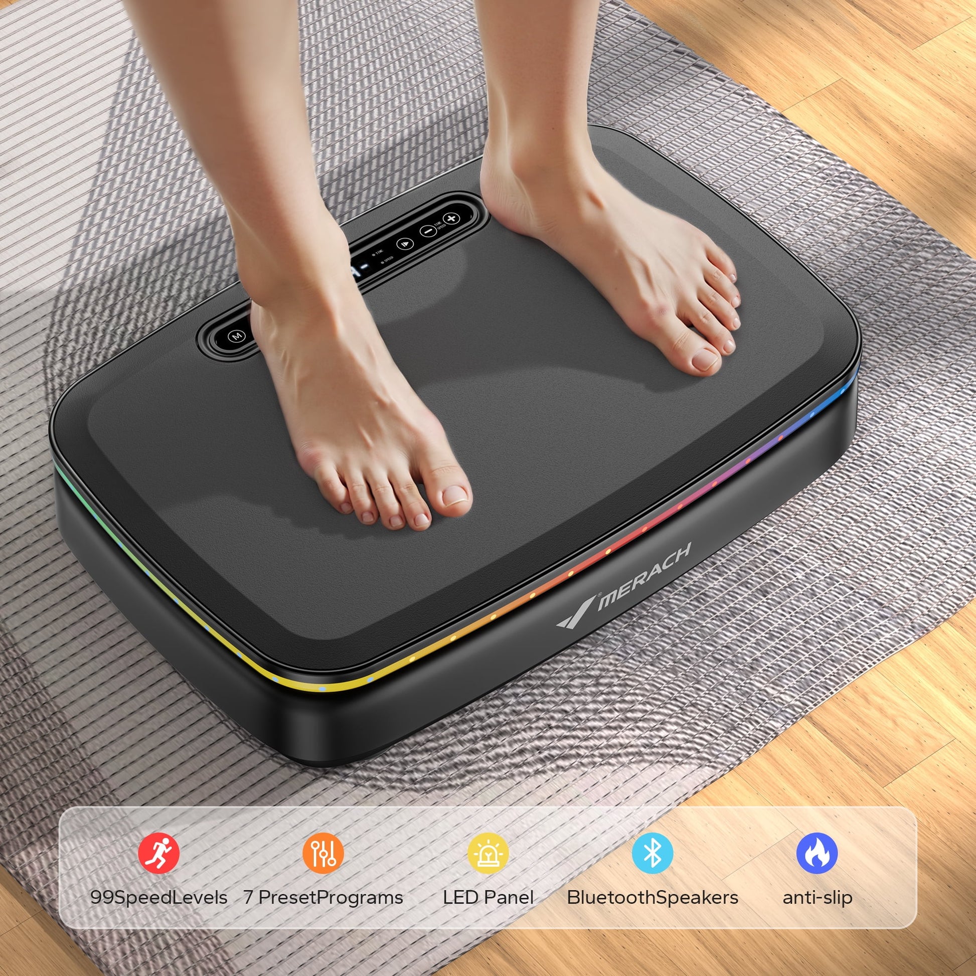 LED Light Vibration Plate Exercise Machine, Vibrating Muscle Toner, Bluetooth Speaker Whole Body Workout Fitness Platform with Resistance Bands, 330Lb Capacity