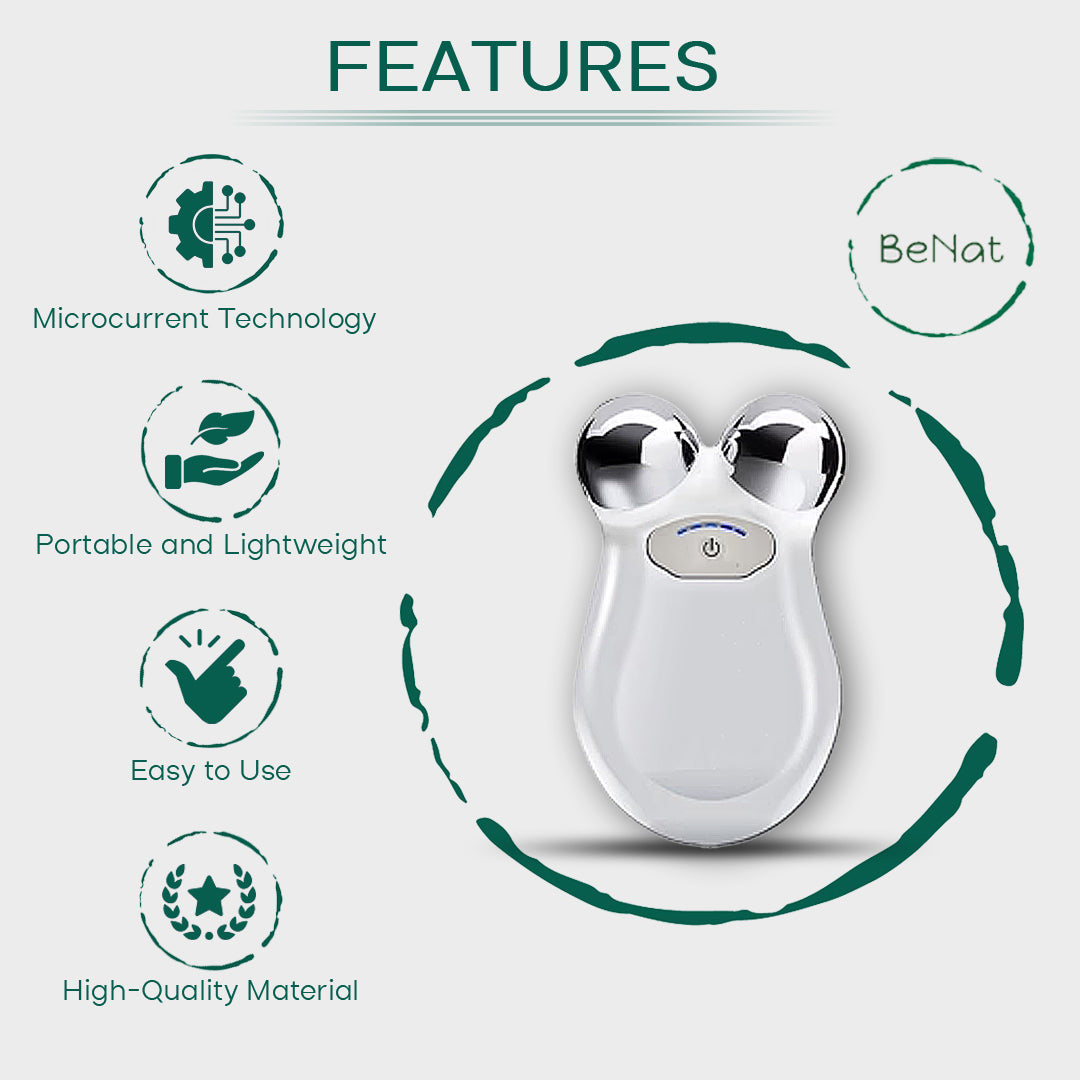 Portable facial device with features listed on a white background