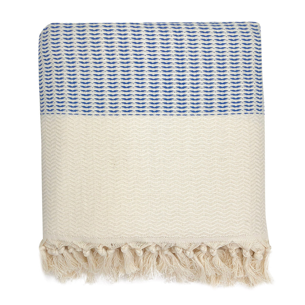 Woven blanket with blue and white pattern on a white background