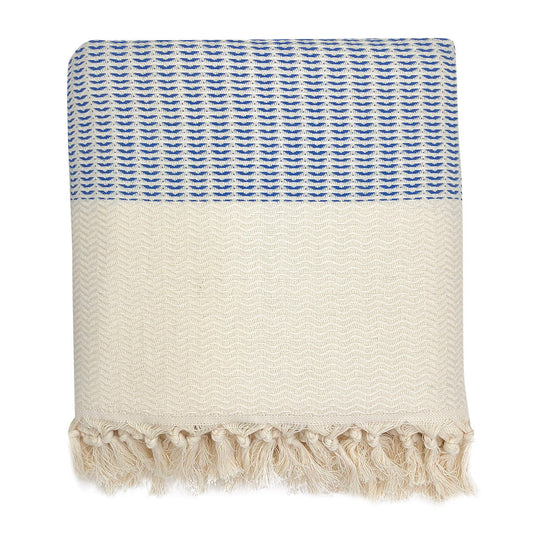 Woven blanket with blue and white pattern on a white background