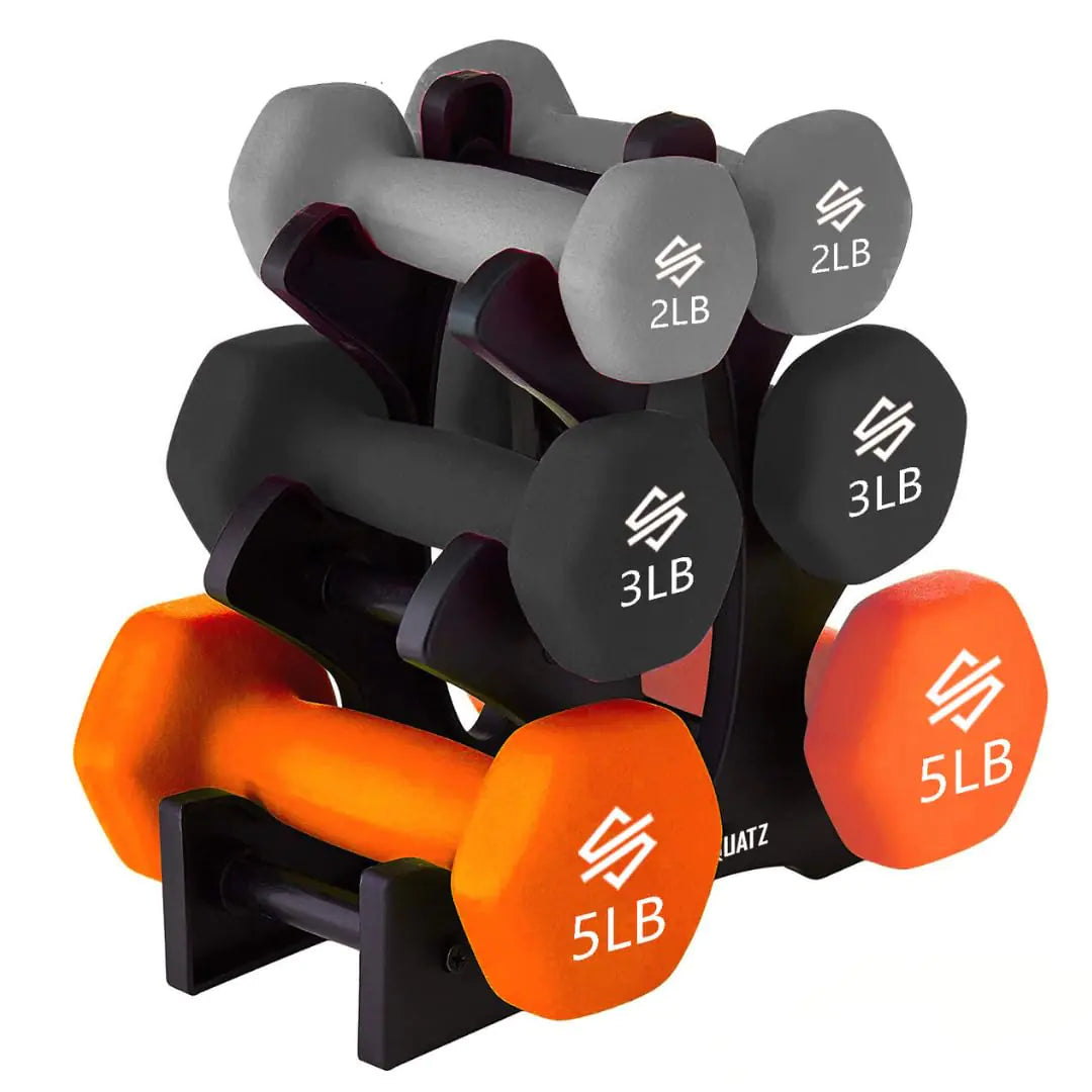 Set of dumbbells with varying weights on a white background