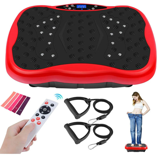 Vibration Plate Exercise Machine,Portable Vibration Plate Platform for Weight Loss Home Fitness, Lymphatic Drainage, W/Resistance Bands+Remote,Red