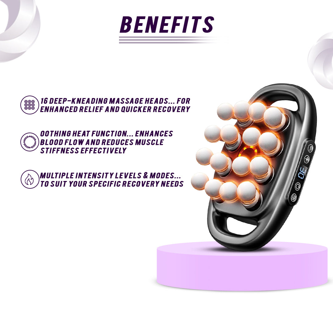 Massage device with glowing massage heads on a white background, featuring text about its benefits.