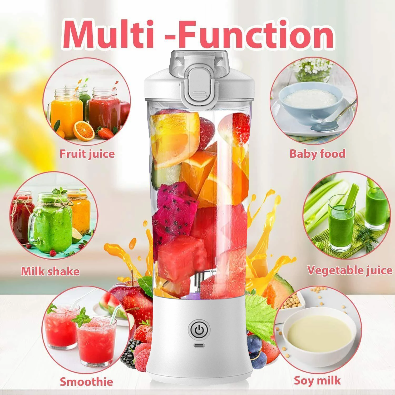 Portable blender with images of various drinks and foods it can make, labeled 'Multi-Function'.