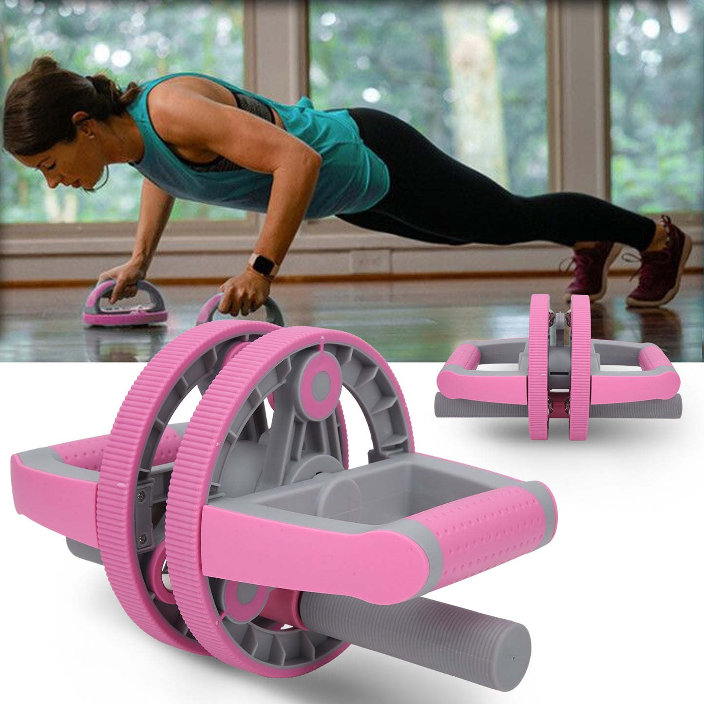 Woman exercising with a pink and gray exercise wheel in a home setting.