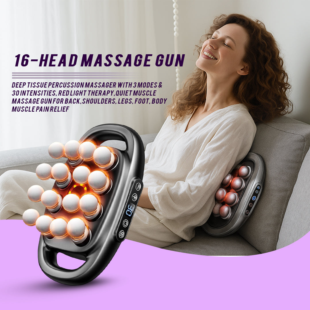 Woman using a 16-head massage gun with text describing its features.