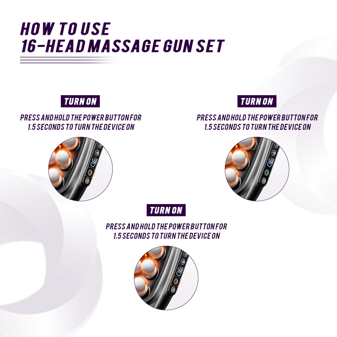 Instructions on how to use a 16-head massage gun set with power button illustrations.