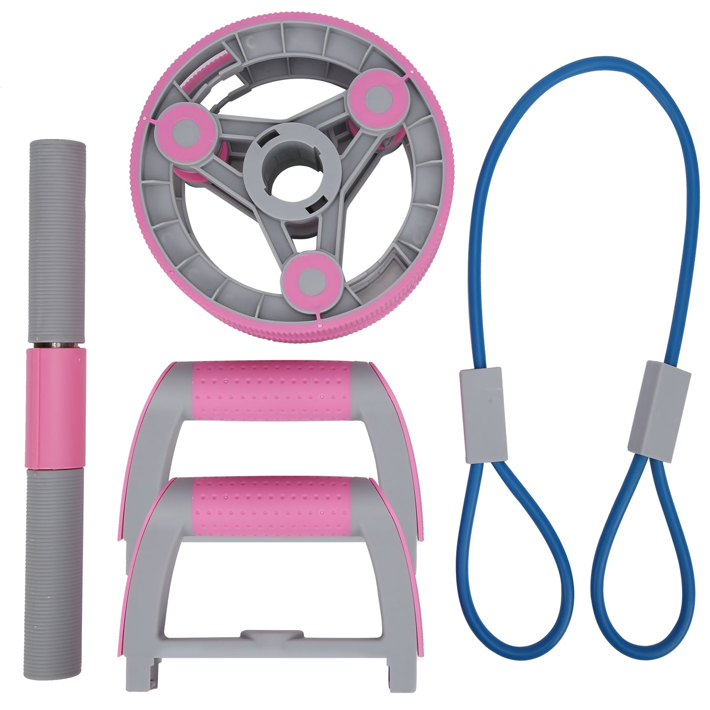 Set of pink and gray exercise equipment including a step stool, resistance band, and cable machine on a white background.
