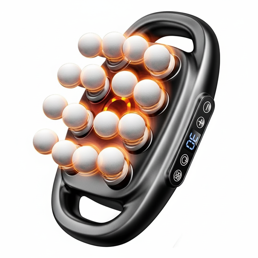 Handheld massager with glowing white balls on a white background
