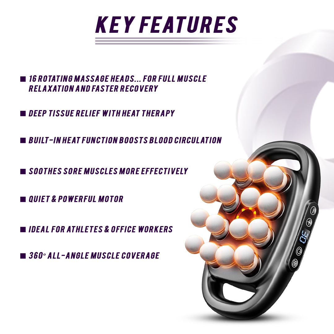 Massage device with key features listed on a white background