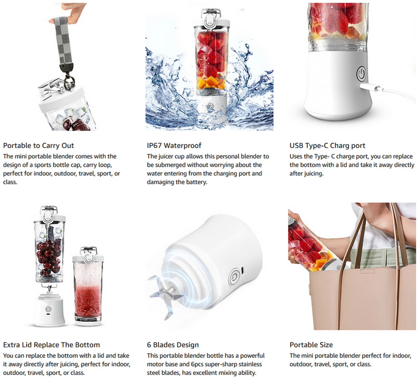 Portable blender with various features highlighted on a white background