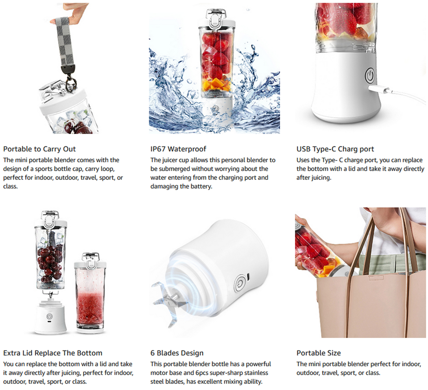 Portable blender with various features highlighted on a white background