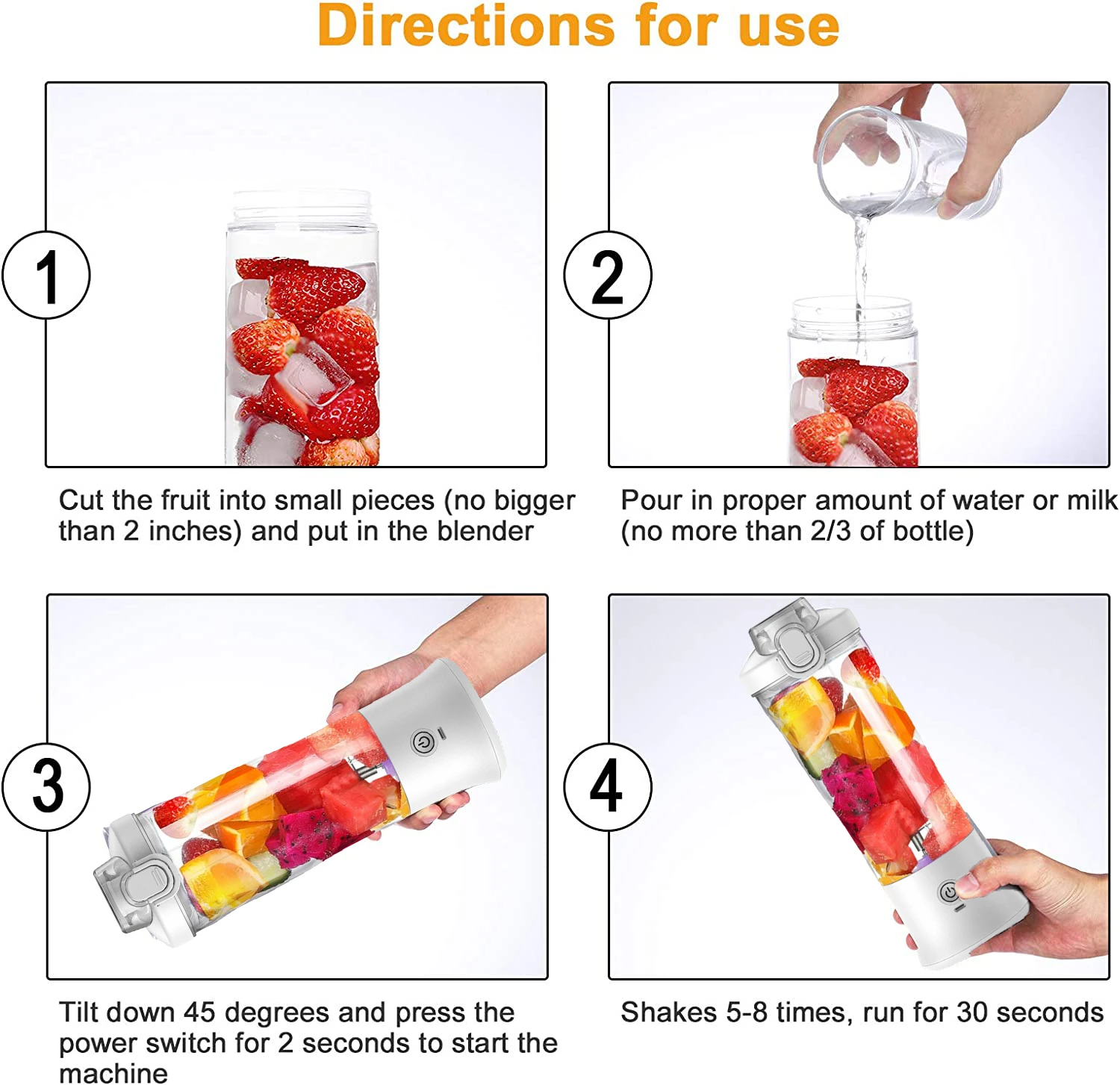 Step-by-step instructions for using a portable blender with fruit.