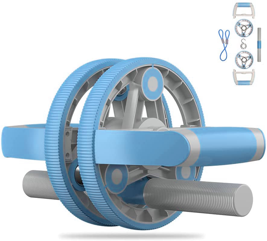 Blue and gray ab roller with accessories on a white background