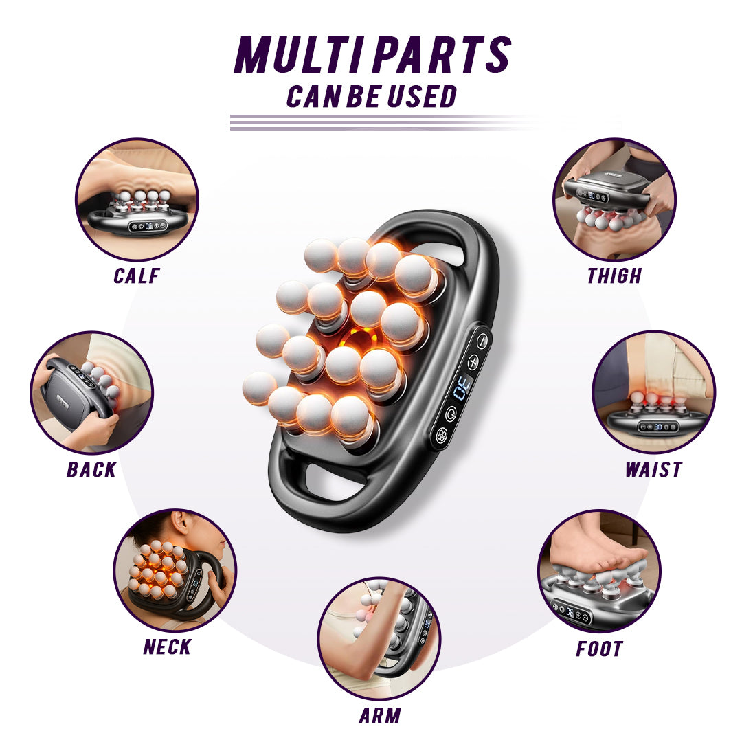Massage device with various parts for different body areas on a white background