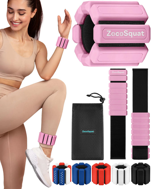 Woman using a pink ZecoSquat product with additional products displayed on a white background