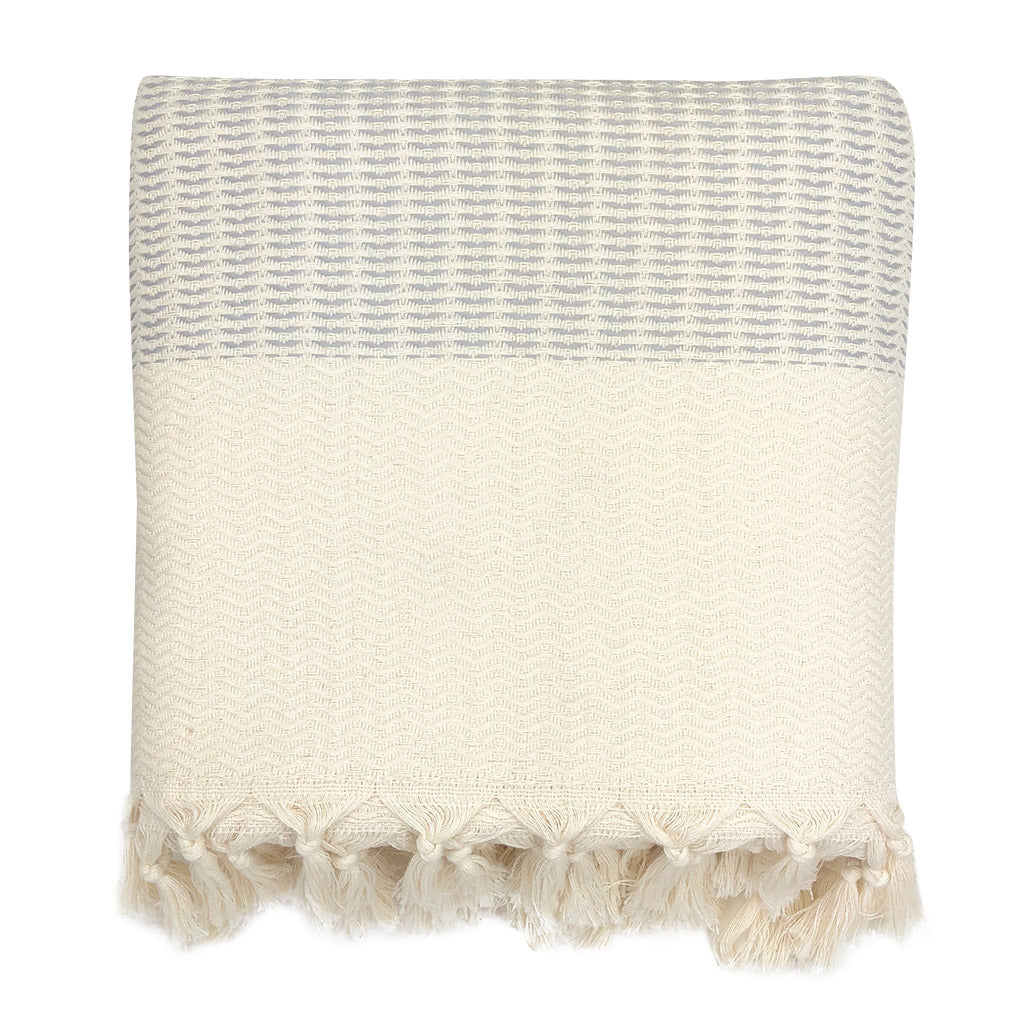 Textured blanket with a striped pattern and tassel trim on a white background