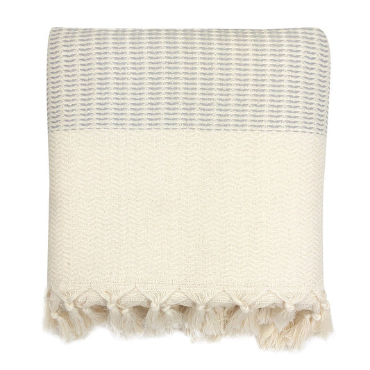 Textured blanket with a striped pattern and tassel trim on a white background