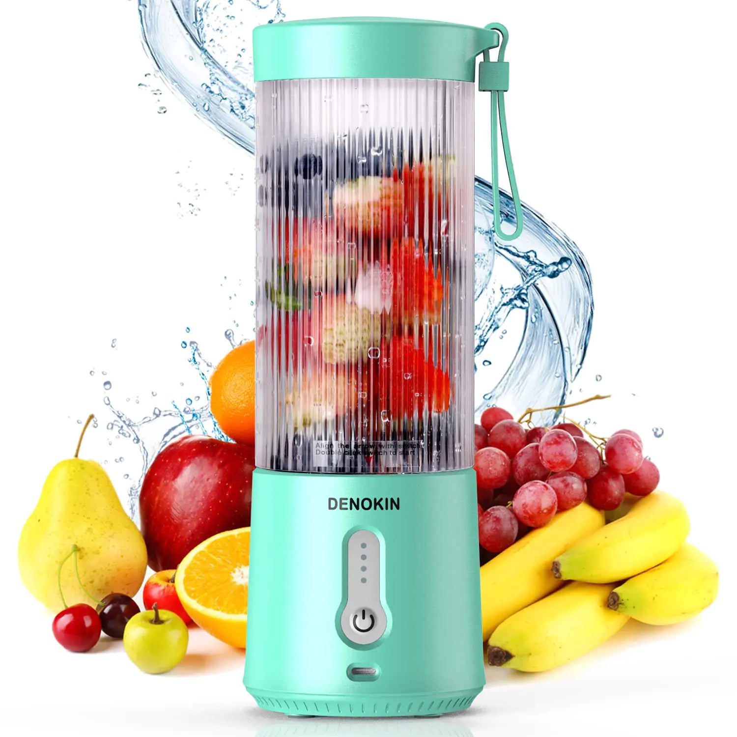 Denokin portable blender with fruits on a white background