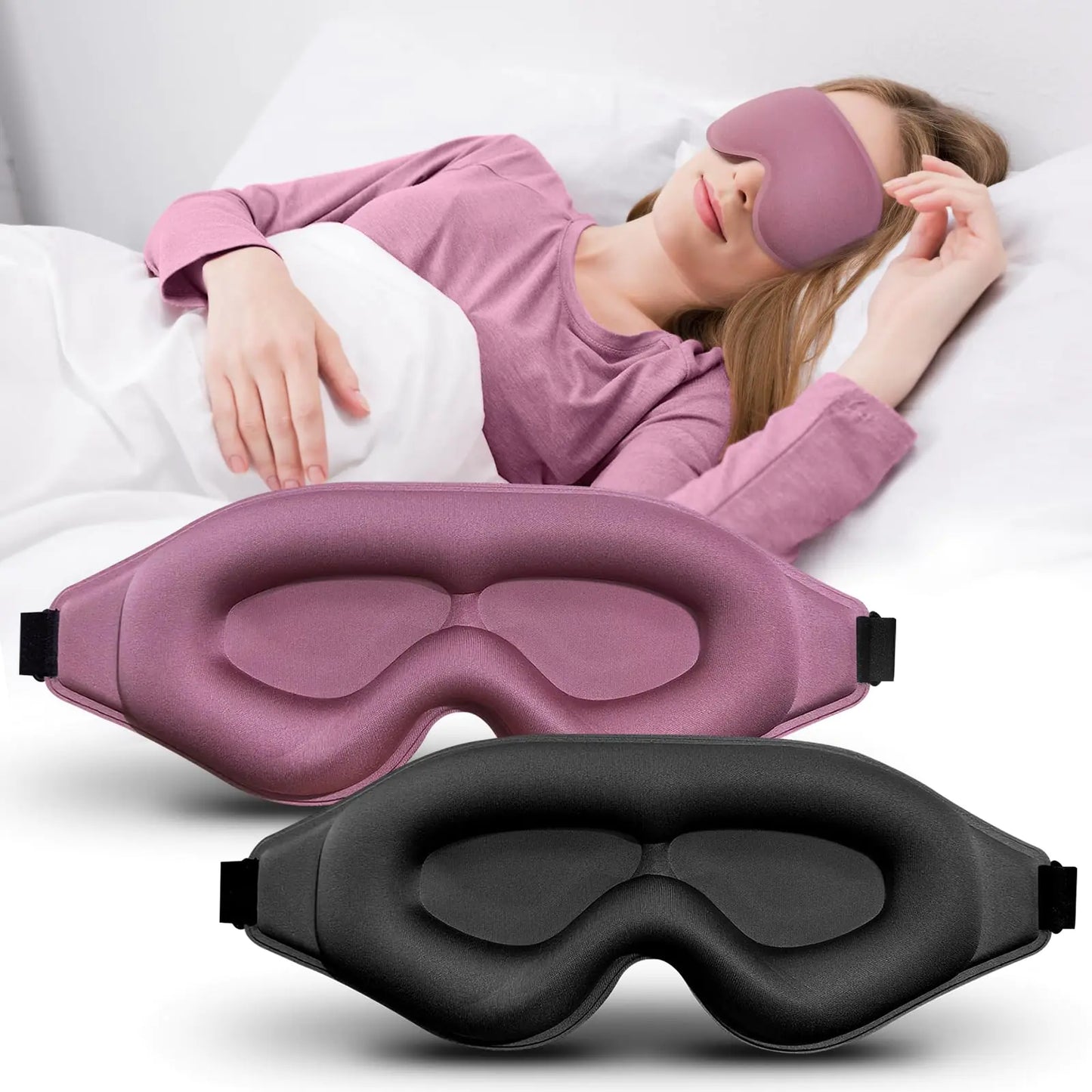 Person wearing a purple sleep mask with two additional sleep masks, one purple and one black, displayed below.