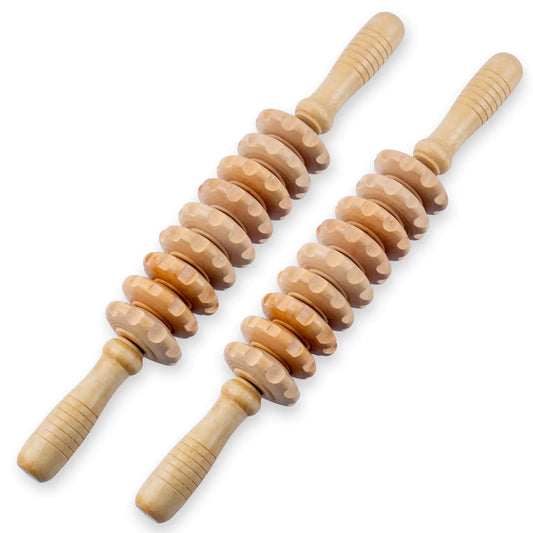 Two wooden massage rollers on a white background