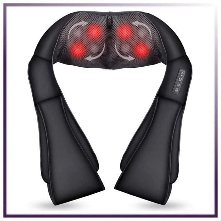 Black neck and shoulder massager with red lights on a white background