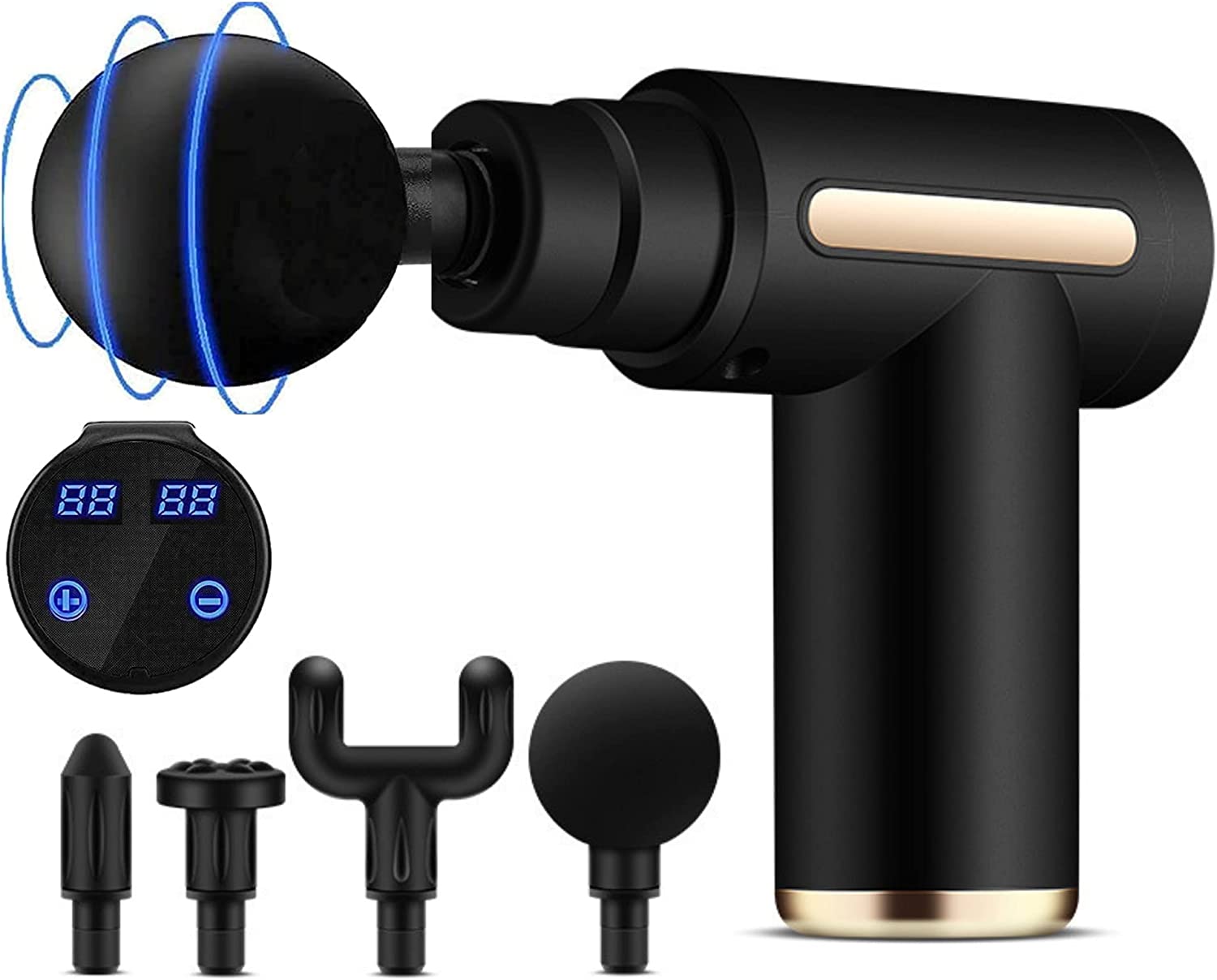 Black massage gun with attachments on a white background