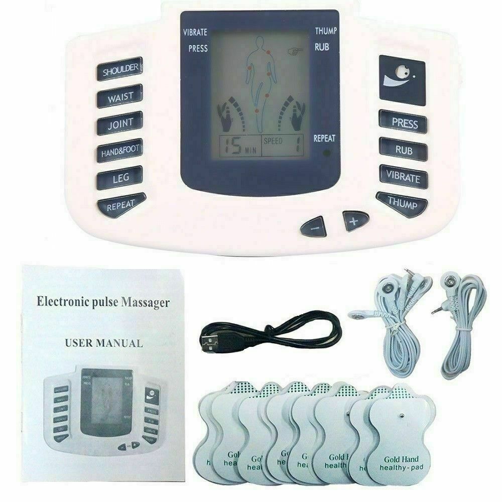 Electronic pulse massager with user manual, cables, and pads on a white background