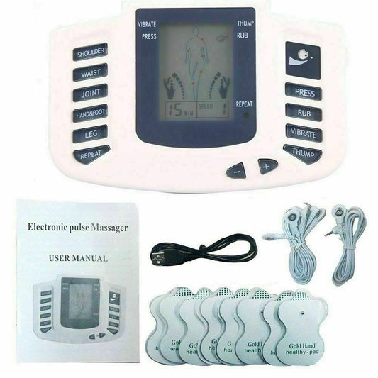 Electronic pulse massager with user manual, cables, and pads on a white background