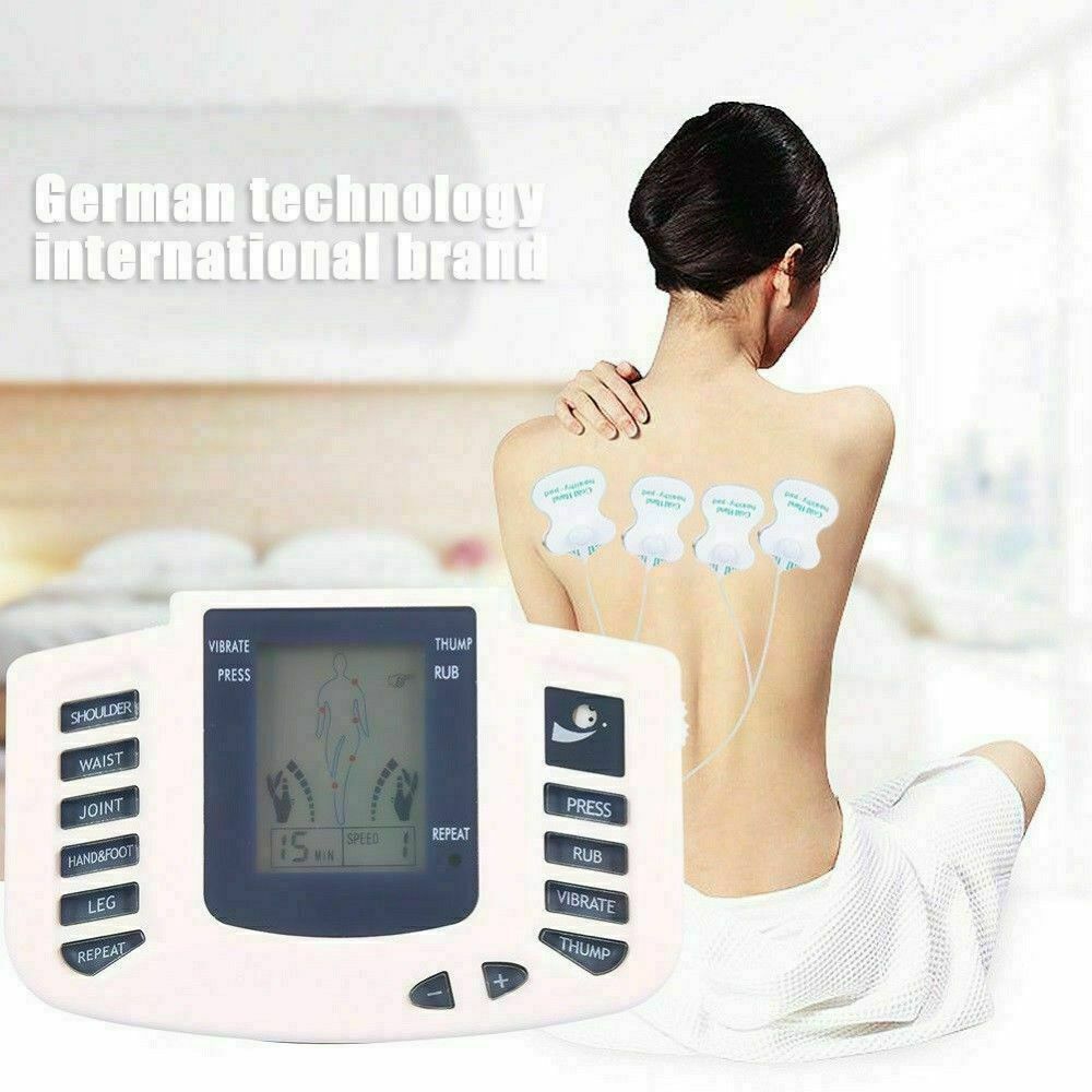 Person using a digital massage device with text 'German technology International brand' on a blurred background