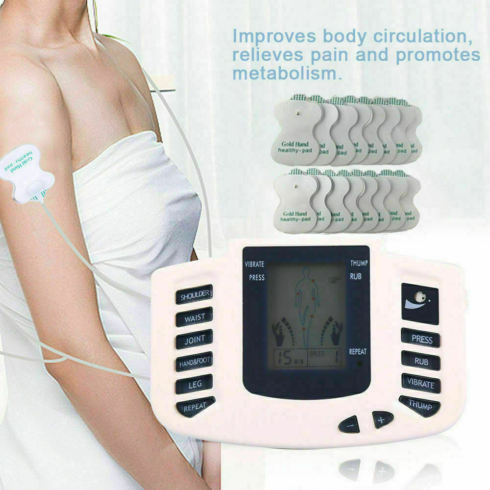 Electrotherapy device with digital display and control buttons, used for body care.