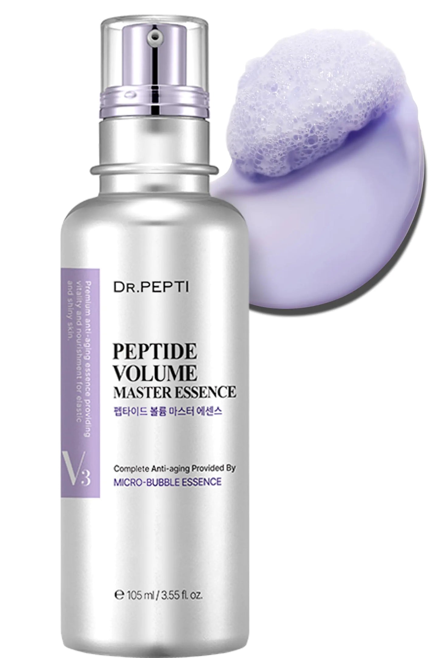 Dr. Pepti peptide volume master essence bottle with a purple sponge applicator on a white background