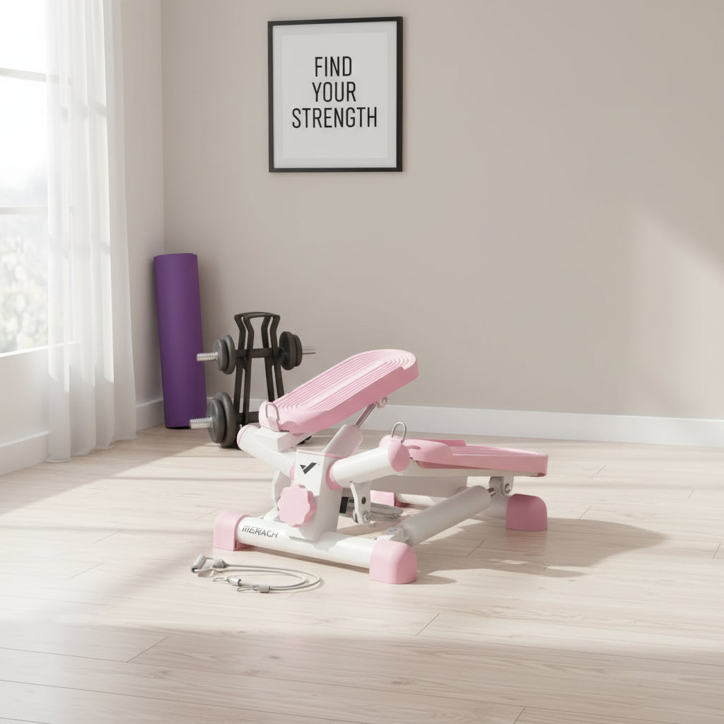 Pink and white step machine with resistance bands on a white background