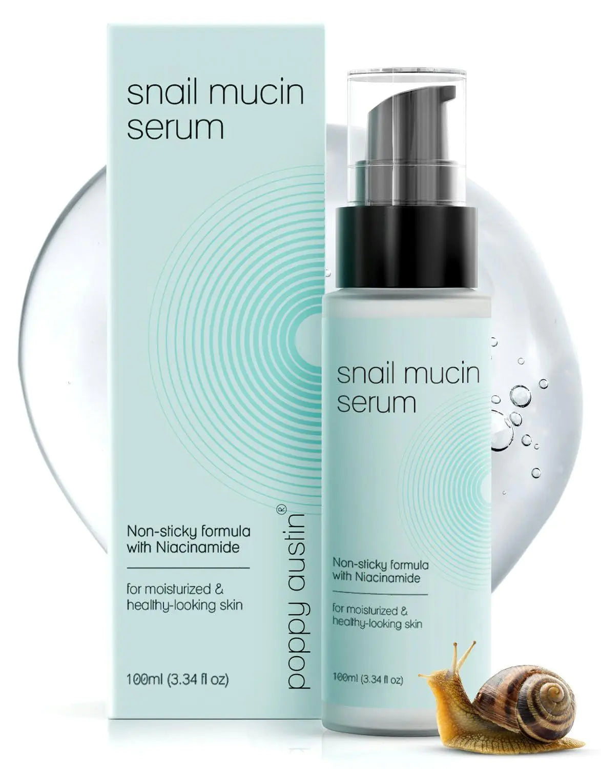 Snail mucin serum bottle and packaging with snail on a white background