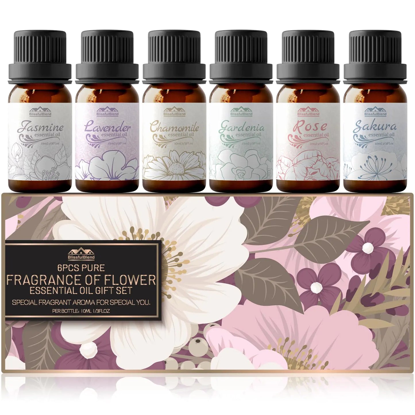 Set of six essential oil bottles with floral labels and a decorative box in the background.